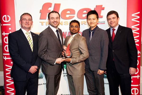 Jarlath Sweeney, Editor of Fleet Transport; Paul Walsh Head of Software Development, Fleetmatics; Khurram Saifuddin, Head of IT Operations, Fleetmatics; Wan Luo, BI/Mobile Research and Development, Fleetmatics; and Gerard Rice, Fuso Trucks, Category Sponsor  