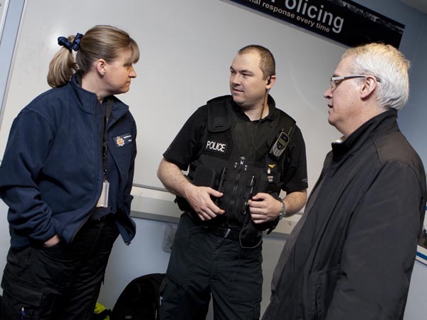 Tina Shelton, Regional Co-ordinator, Special Constabulary and Police Support Volunteers for Greater Manchester Police, Donn Houldsworth, Group Compliance Manager for AKW Group and Special Constabulary Inspector for Greater Manchester Police and Carl Murray, Commercial Director of AKW Group during the Give and Gain Day.
