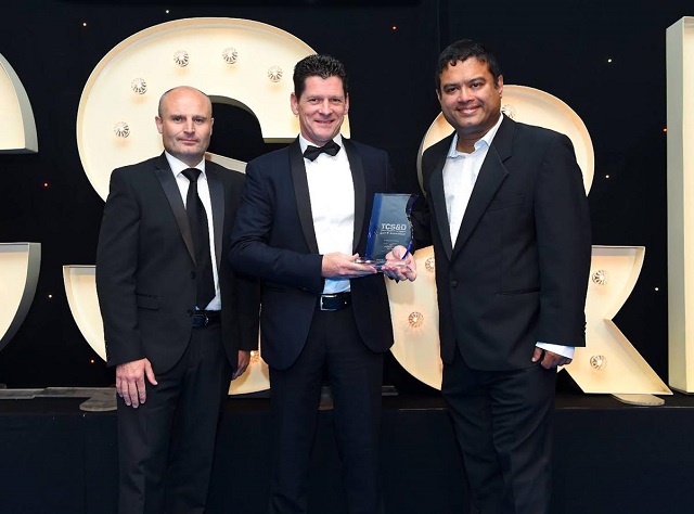 Tom Taylor, Managing Director of Gray & Adams’ Doncaster operation received the OEM of the Year trophy from Arran Leatherland of sponsor IMS and awards presenter, comedian Paul Sinha