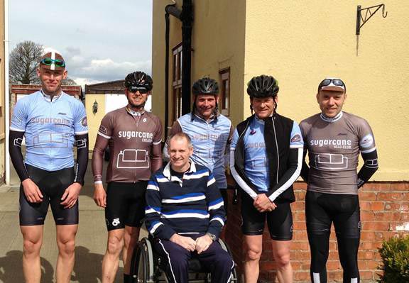 Richard Hewitt and Tom Taylor, second right, with fellow members of the Sugarcane Velo Club, from left, Michael Brammall, Gavin Beaumont, Jason Goulty and Michael Abonyi