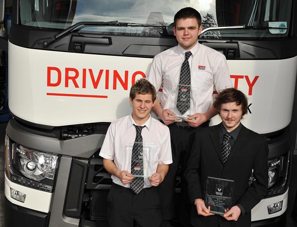 Renault Trucks UK Apprentice of the Year Winners with their awards. From the left, Jacob Bell, Clugston Distribution; David Connor, Renault Trucks Cardiff and Matthew Long of RH Commercial Vehicles.
